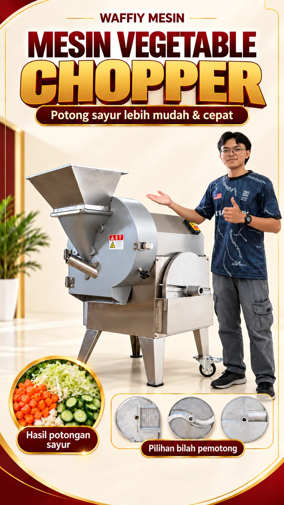 Poster Mesin Vegetable Chopper Waffiy Mesin — potong sayur lebih mudah & cepat, dengan hasil potongan sayur dan pilihan bilah pemotong